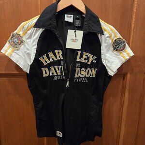Harley Davidson Women's Zip Blouse Medium Black Yellow White Gold New With Tags